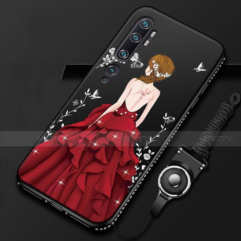 Custodia Silicone Gel Morbida Abito Ragazza Cover S01 per Xiaomi Mi Note 10 Rosso e Nero