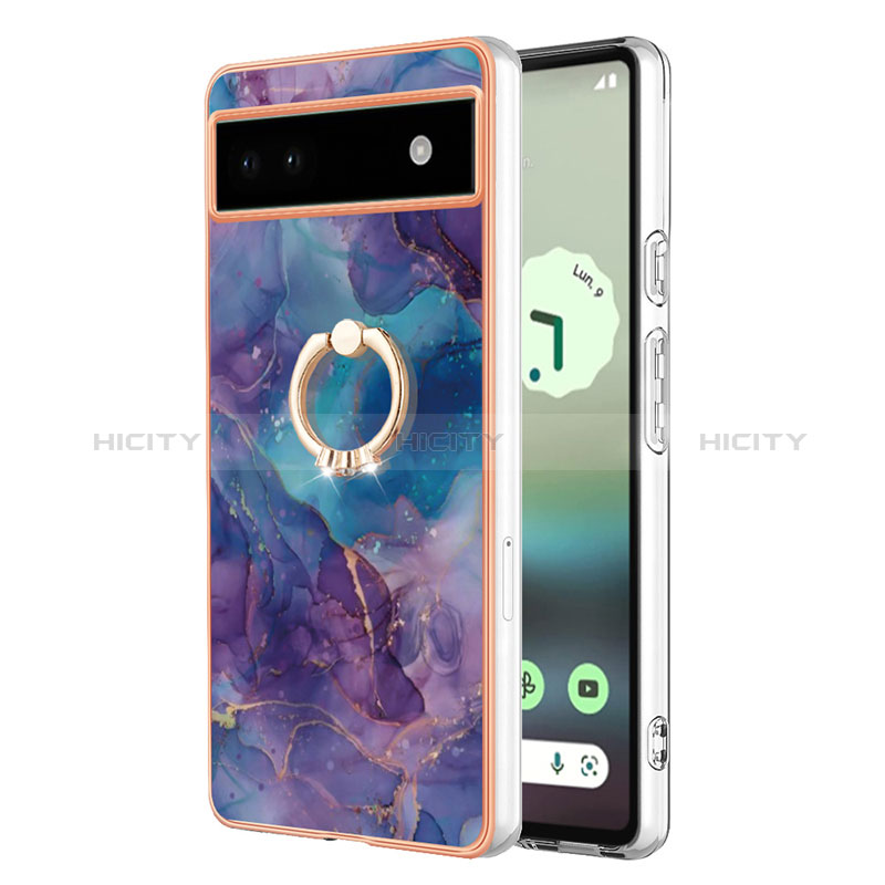 Custodia Silicone Gel Morbida Fantasia Modello Cover con Anello Supporto Y01B per Google Pixel 6a 5G Viola