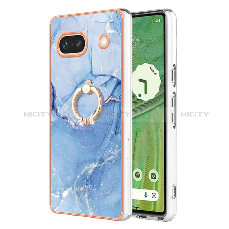 Custodia Silicone Gel Morbida Fantasia Modello Cover con Anello Supporto Y01B per Google Pixel 7a 5G Blu