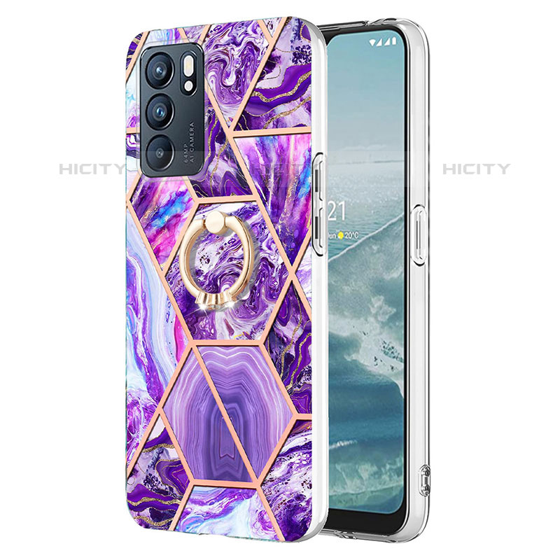 Custodia Silicone Gel Morbida Fantasia Modello Cover con Anello Supporto Y01B per Oppo Reno6 5G Viola