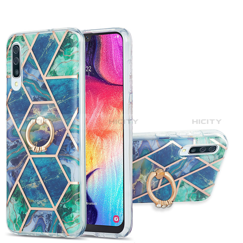 Custodia Silicone Gel Morbida Fantasia Modello Cover con Anello Supporto Y01B per Samsung Galaxy A50 Verde Notte