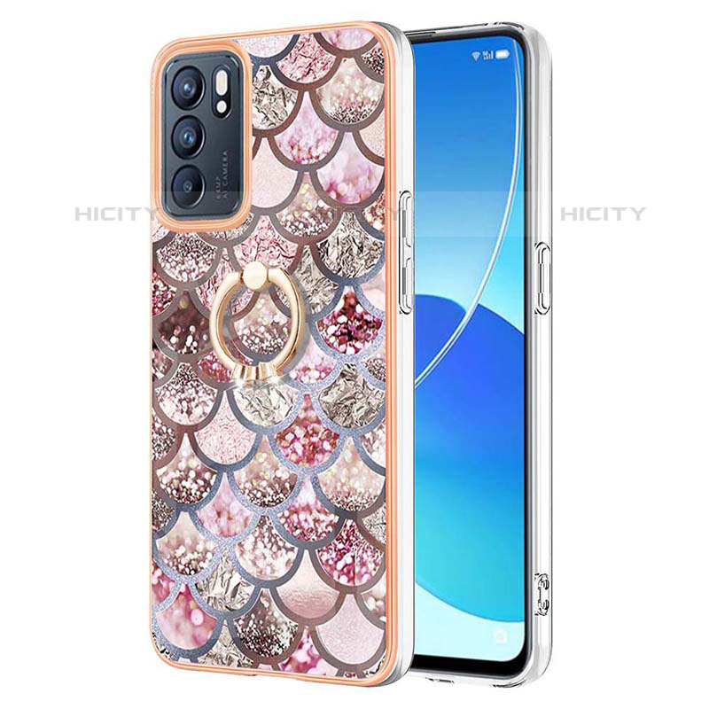 Custodia Silicone Gel Morbida Fantasia Modello Cover con Anello Supporto Y03B per Oppo Reno6 5G Marrone