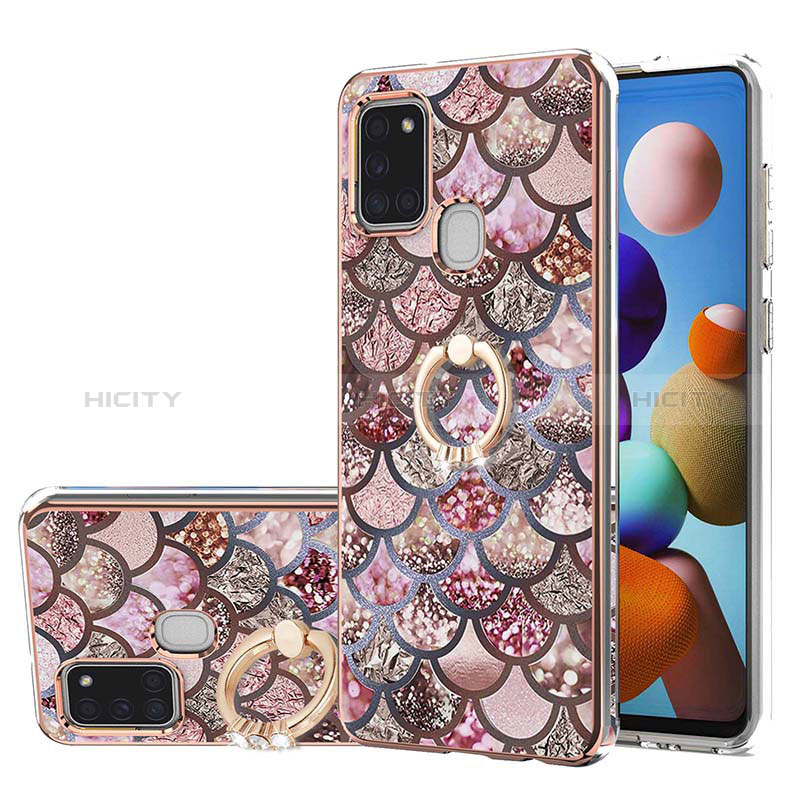 Custodia Silicone Gel Morbida Fantasia Modello Cover con Anello Supporto Y03B per Samsung Galaxy A21s Marrone