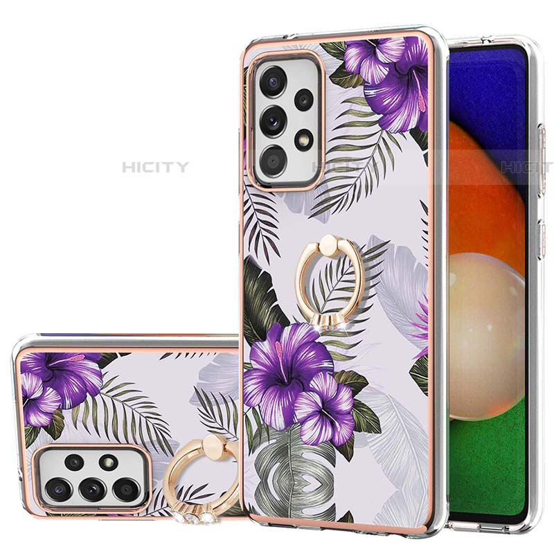 Custodia Silicone Gel Morbida Fantasia Modello Cover con Anello Supporto Y03B per Samsung Galaxy A52 4G Viola