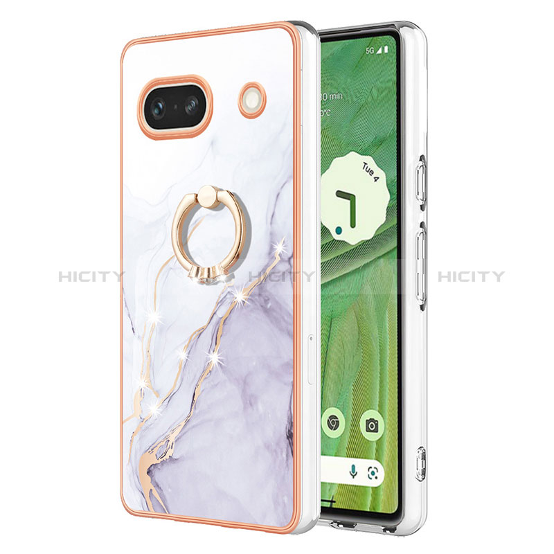 Custodia Silicone Gel Morbida Fantasia Modello Cover con Anello Supporto Y05B per Google Pixel 7a 5G Bianco