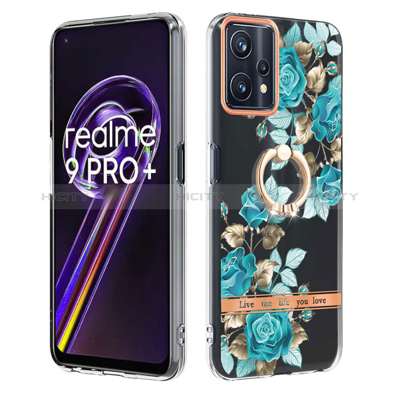 Custodia Silicone Gel Morbida Fantasia Modello Cover con Anello Supporto Y06B per Realme Narzo 50 Pro 5G Ciano