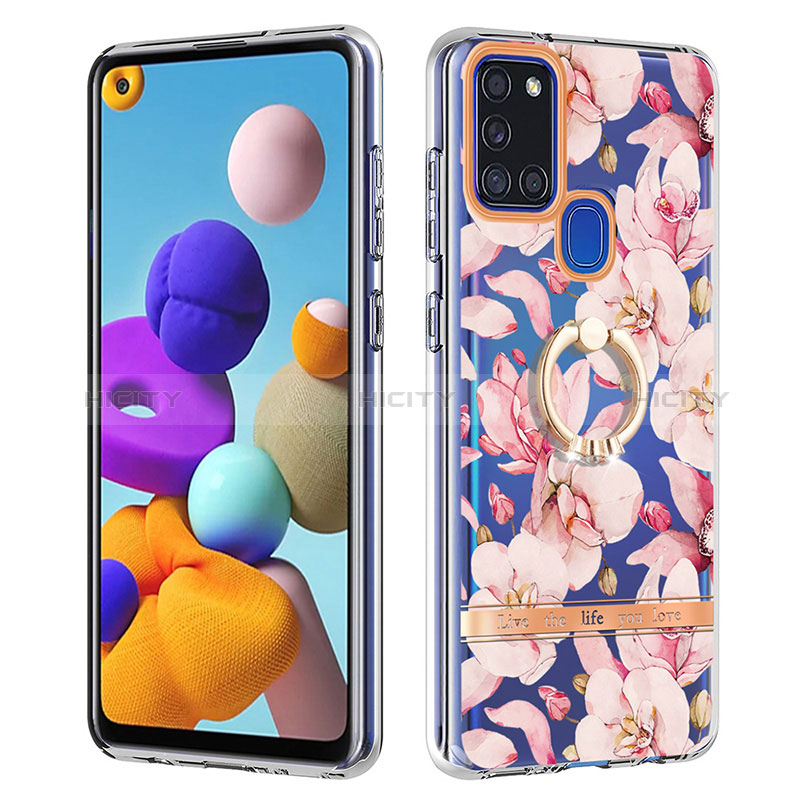 Custodia Silicone Gel Morbida Fantasia Modello Cover con Anello Supporto Y06B per Samsung Galaxy A21s Rosa