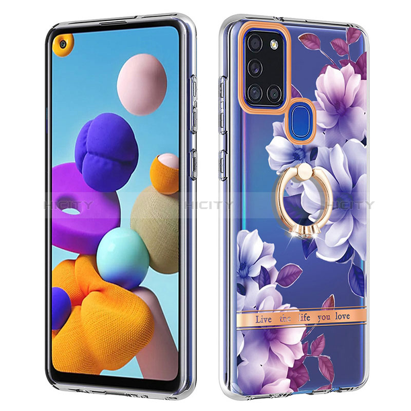 Custodia Silicone Gel Morbida Fantasia Modello Cover con Anello Supporto Y06B per Samsung Galaxy A21s Viola