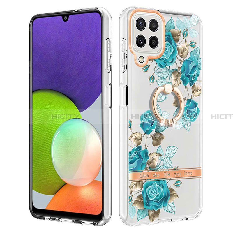 Custodia Silicone Gel Morbida Fantasia Modello Cover con Anello Supporto Y06B per Samsung Galaxy A22 4G Ciano