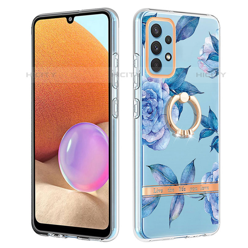 Custodia Silicone Gel Morbida Fantasia Modello Cover con Anello Supporto Y06B per Samsung Galaxy M32 5G Blu