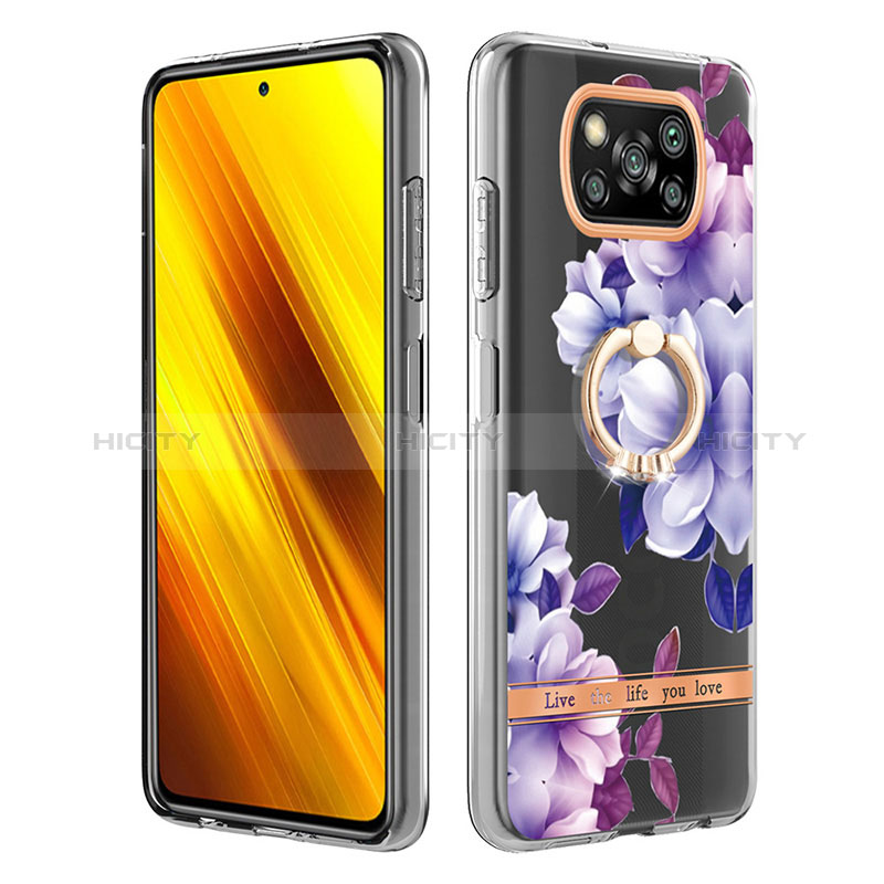 Custodia Silicone Gel Morbida Fantasia Modello Cover con Anello Supporto Y06B per Xiaomi Poco X3 NFC Viola