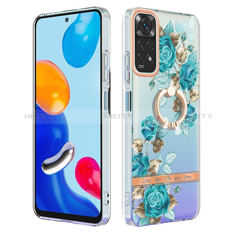 Custodia Silicone Gel Morbida Fantasia Modello Cover con Anello Supporto Y06B per Xiaomi Redmi Note 11S 4G Ciano