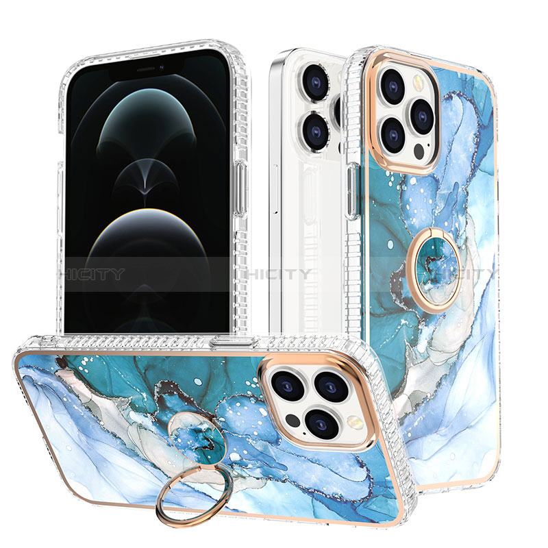 Custodia Silicone Gel Morbida Fantasia Modello Cover con Anello Supporto YJ1 per Apple iPhone 13 Pro Blu