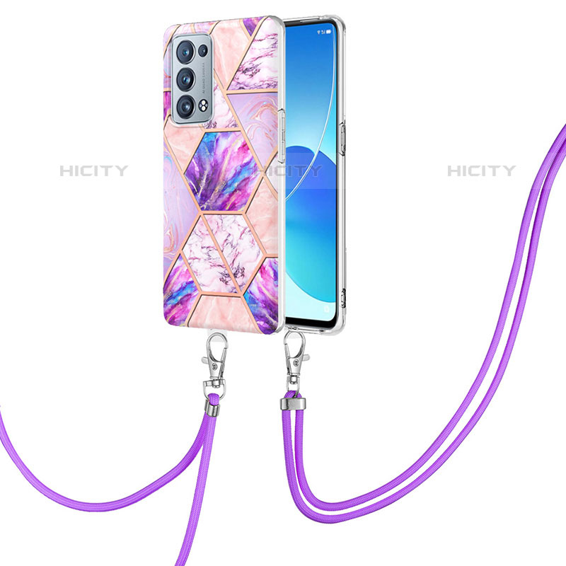 Custodia Silicone Gel Morbida Fantasia Modello Cover con Cinghia Cordino Mano Y01B per Oppo Reno6 Pro+ Plus 5G Lavanda