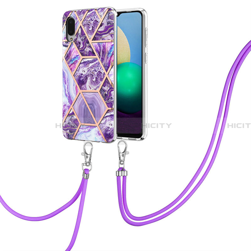 Custodia Silicone Gel Morbida Fantasia Modello Cover con Cinghia Cordino Mano Y01B per Samsung Galaxy A02 Viola