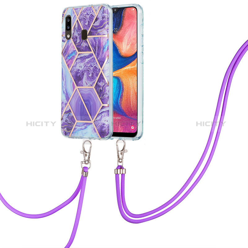 Custodia Silicone Gel Morbida Fantasia Modello Cover con Cinghia Cordino Mano Y01B per Samsung Galaxy A20 Viola