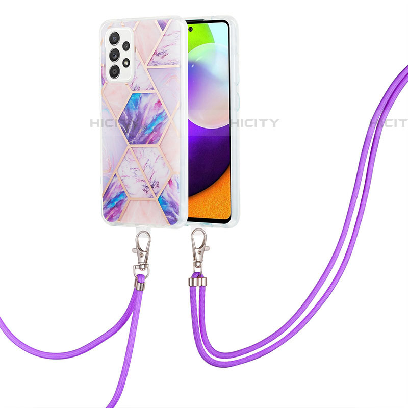 Custodia Silicone Gel Morbida Fantasia Modello Cover con Cinghia Cordino Mano Y01B per Samsung Galaxy A52 4G Lavanda