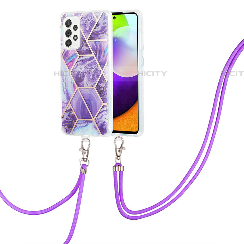 Custodia Silicone Gel Morbida Fantasia Modello Cover con Cinghia Cordino Mano Y01B per Samsung Galaxy A52 5G Viola