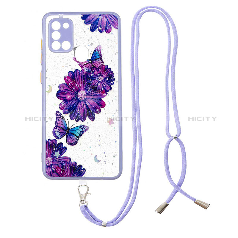 Custodia Silicone Gel Morbida Fantasia Modello Cover con Cinghia Cordino Mano Y01X per Samsung Galaxy A21s Viola