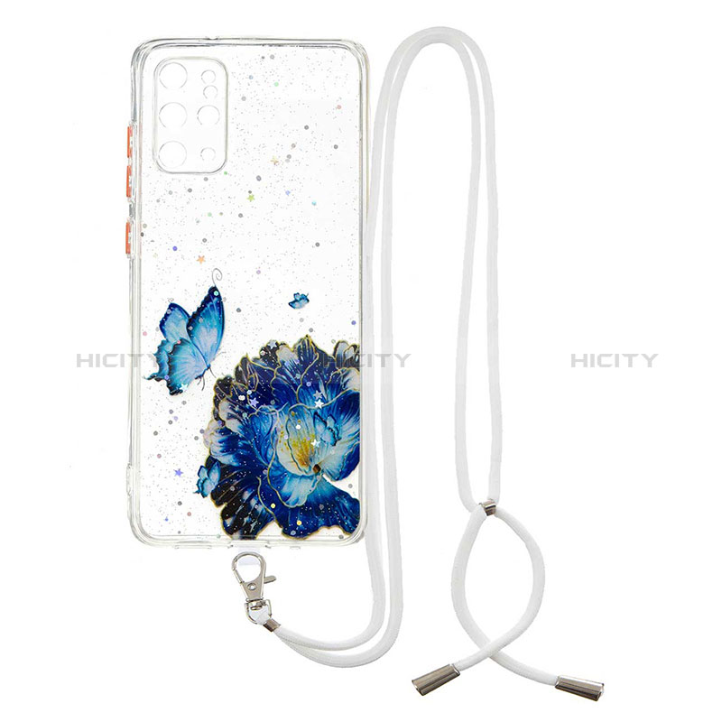 Custodia Silicone Gel Morbida Fantasia Modello Cover con Cinghia Cordino Mano Y01X per Samsung Galaxy S20 Plus 5G Blu