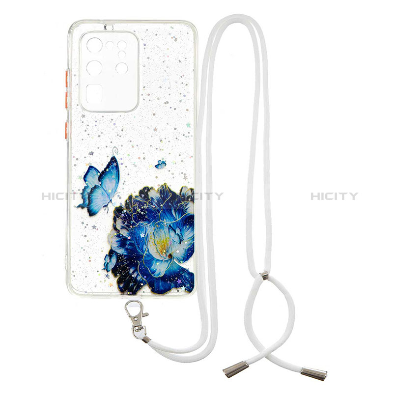 Custodia Silicone Gel Morbida Fantasia Modello Cover con Cinghia Cordino Mano Y01X per Samsung Galaxy S20 Ultra 5G Blu