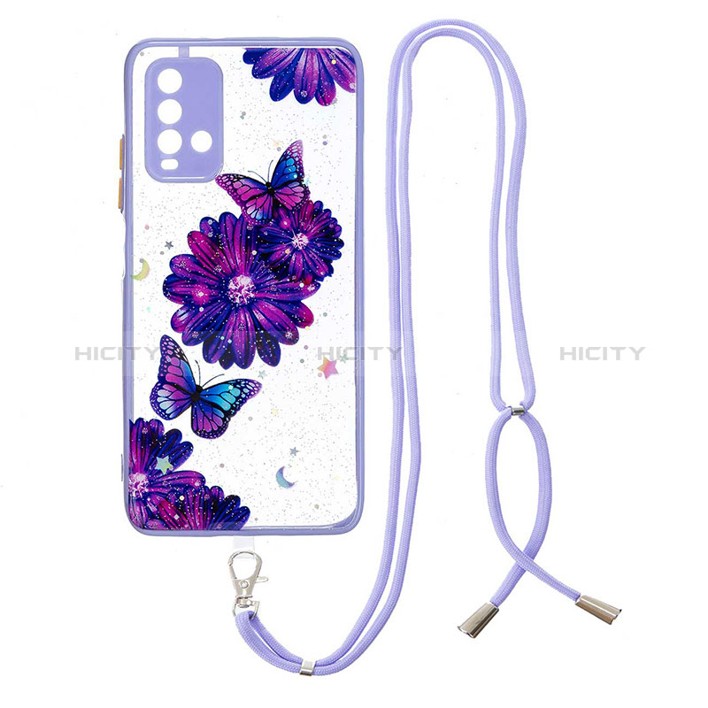 Custodia Silicone Gel Morbida Fantasia Modello Cover con Cinghia Cordino Mano Y01X per Xiaomi Redmi 9 Power Viola