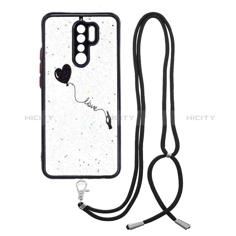 Custodia Silicone Gel Morbida Fantasia Modello Cover con Cinghia Cordino Mano Y01X per Xiaomi Redmi 9 Prime India Nero