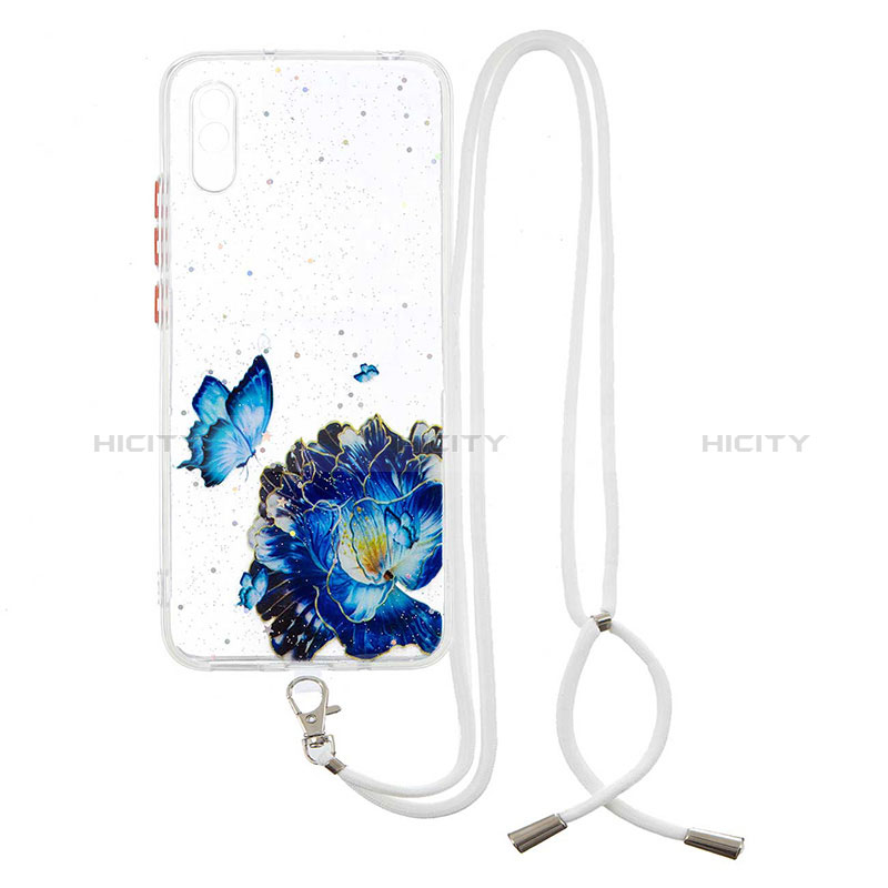 Custodia Silicone Gel Morbida Fantasia Modello Cover con Cinghia Cordino Mano Y01X per Xiaomi Redmi 9A Blu