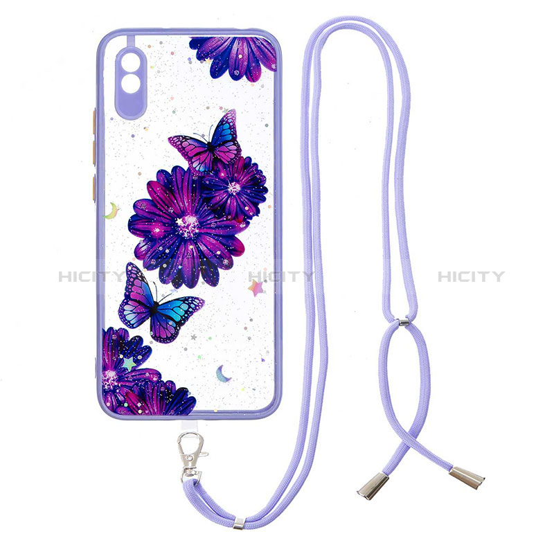 Custodia Silicone Gel Morbida Fantasia Modello Cover con Cinghia Cordino Mano Y01X per Xiaomi Redmi 9A Viola