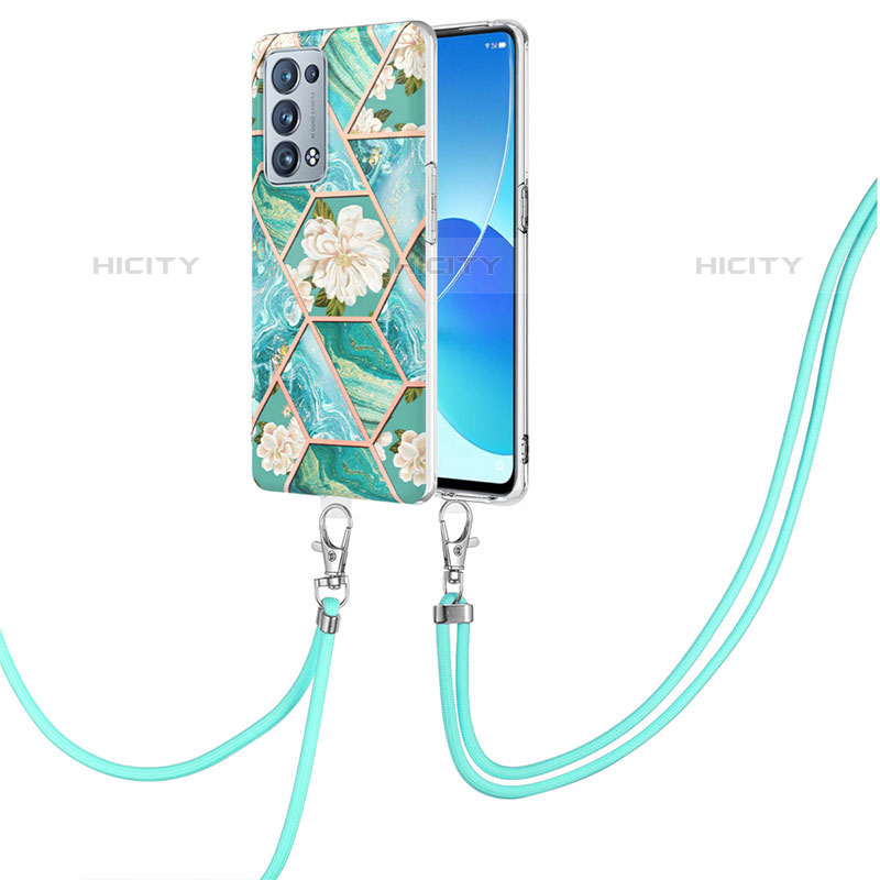 Custodia Silicone Gel Morbida Fantasia Modello Cover con Cinghia Cordino Mano Y02B per Oppo Reno6 Pro 5G Verde