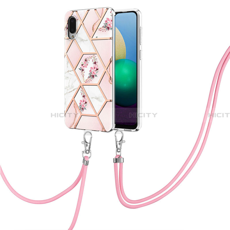 Custodia Silicone Gel Morbida Fantasia Modello Cover con Cinghia Cordino Mano Y02B per Samsung Galaxy A02 Rosa