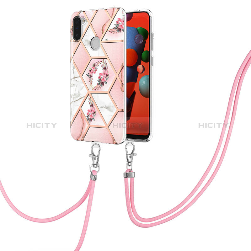 Custodia Silicone Gel Morbida Fantasia Modello Cover con Cinghia Cordino Mano Y02B per Samsung Galaxy M11 Rosa