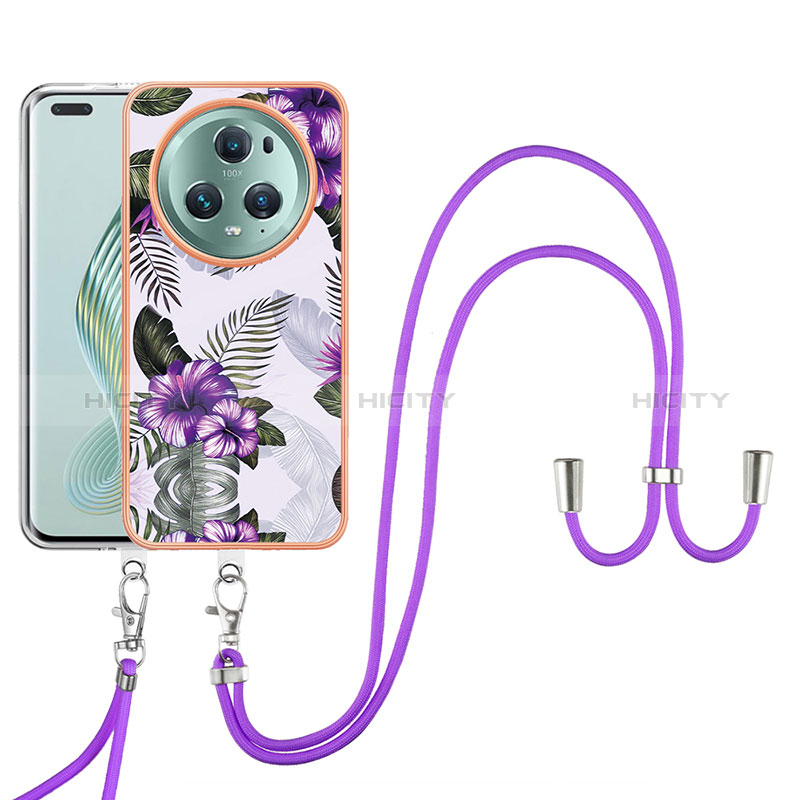 Custodia Silicone Gel Morbida Fantasia Modello Cover con Cinghia Cordino Mano Y03B per Huawei Honor Magic5 Pro 5G Viola