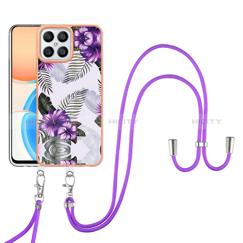 Custodia Silicone Gel Morbida Fantasia Modello Cover con Cinghia Cordino Mano Y03B per Huawei Honor X8 4G Viola