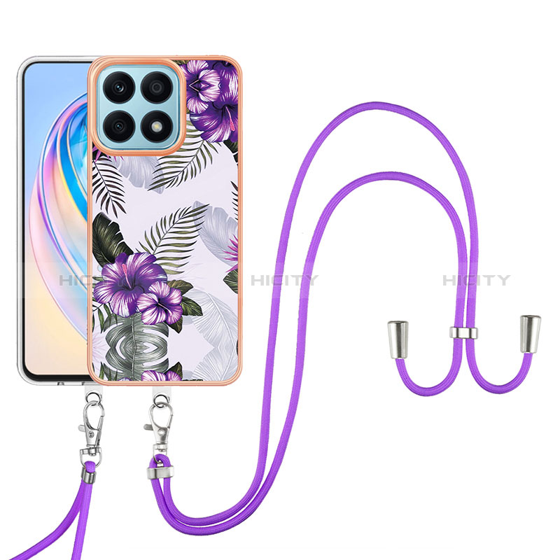 Custodia Silicone Gel Morbida Fantasia Modello Cover con Cinghia Cordino Mano Y03B per Huawei Honor X8a 4G Viola