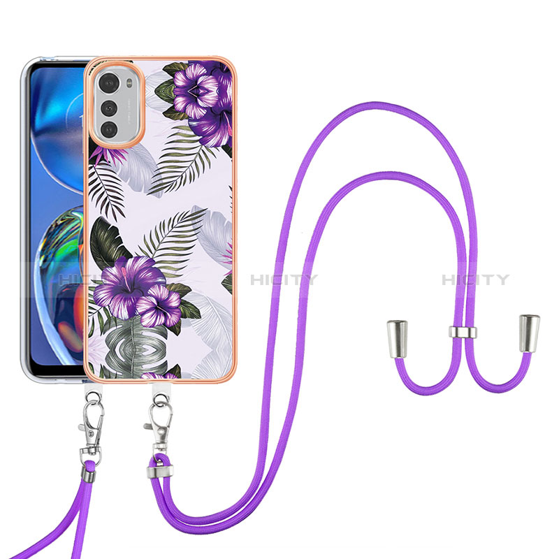 Custodia Silicone Gel Morbida Fantasia Modello Cover con Cinghia Cordino Mano Y03B per Motorola Moto E32s Viola