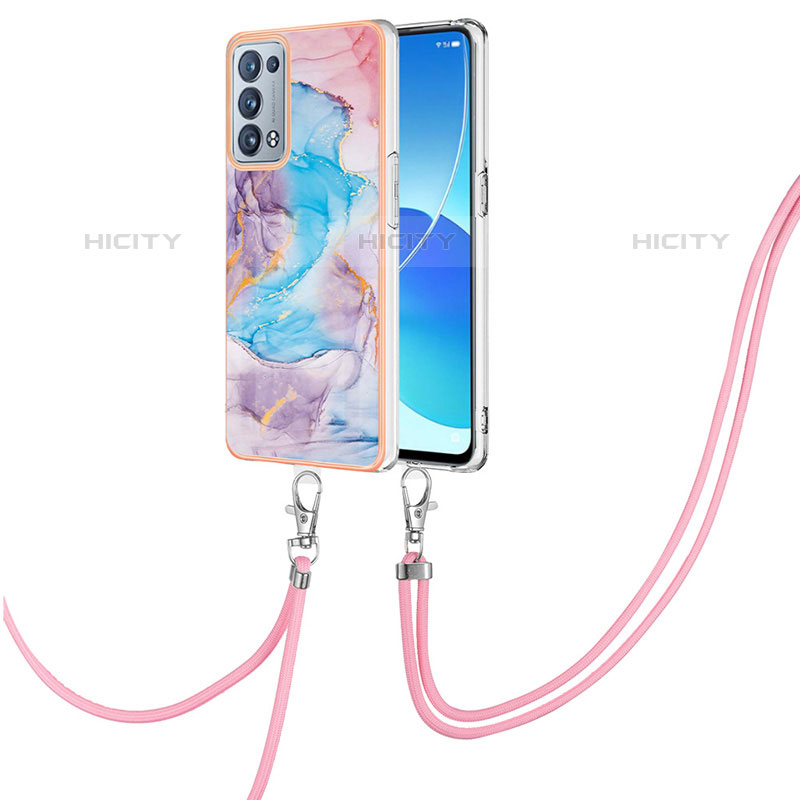 Custodia Silicone Gel Morbida Fantasia Modello Cover con Cinghia Cordino Mano Y03B per Oppo Reno6 Pro+ Plus 5G Blu