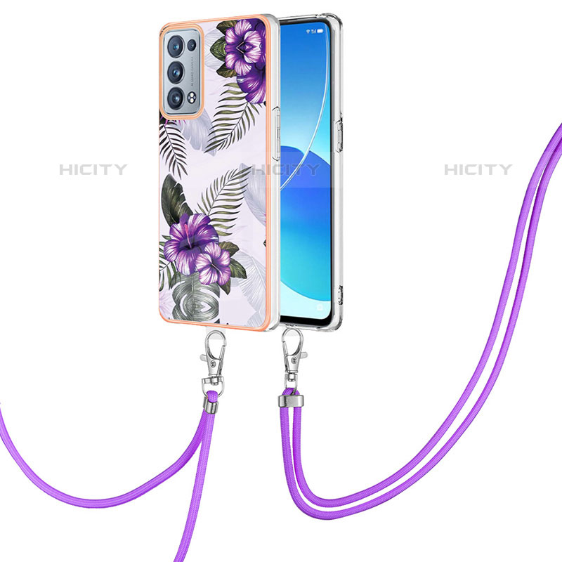 Custodia Silicone Gel Morbida Fantasia Modello Cover con Cinghia Cordino Mano Y03B per Oppo Reno6 Pro+ Plus 5G Viola