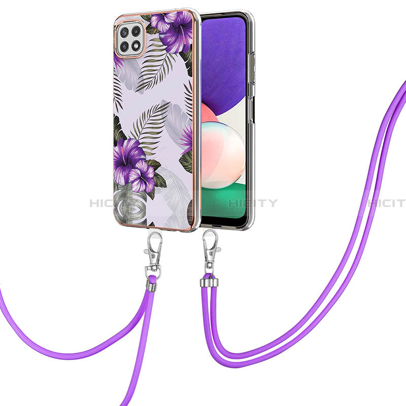 Custodia Silicone Gel Morbida Fantasia Modello Cover con Cinghia Cordino Mano Y03B per Samsung Galaxy A22 5G Viola