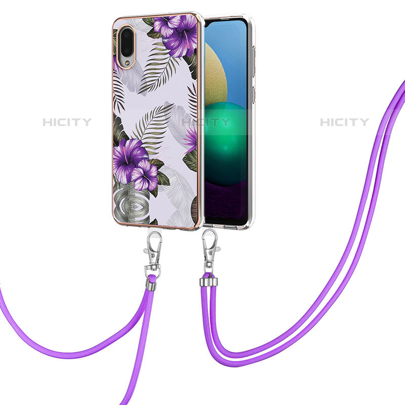 Custodia Silicone Gel Morbida Fantasia Modello Cover con Cinghia Cordino Mano Y03B per Samsung Galaxy M02 Viola