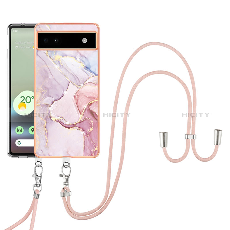 Custodia Silicone Gel Morbida Fantasia Modello Cover con Cinghia Cordino Mano Y05B per Google Pixel 6a 5G Rosa