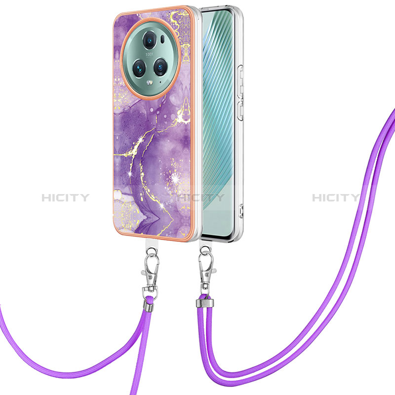 Custodia Silicone Gel Morbida Fantasia Modello Cover con Cinghia Cordino Mano Y05B per Huawei Honor Magic5 Pro 5G Viola