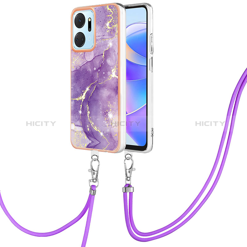 Custodia Silicone Gel Morbida Fantasia Modello Cover con Cinghia Cordino Mano Y05B per Huawei Honor X7a Viola