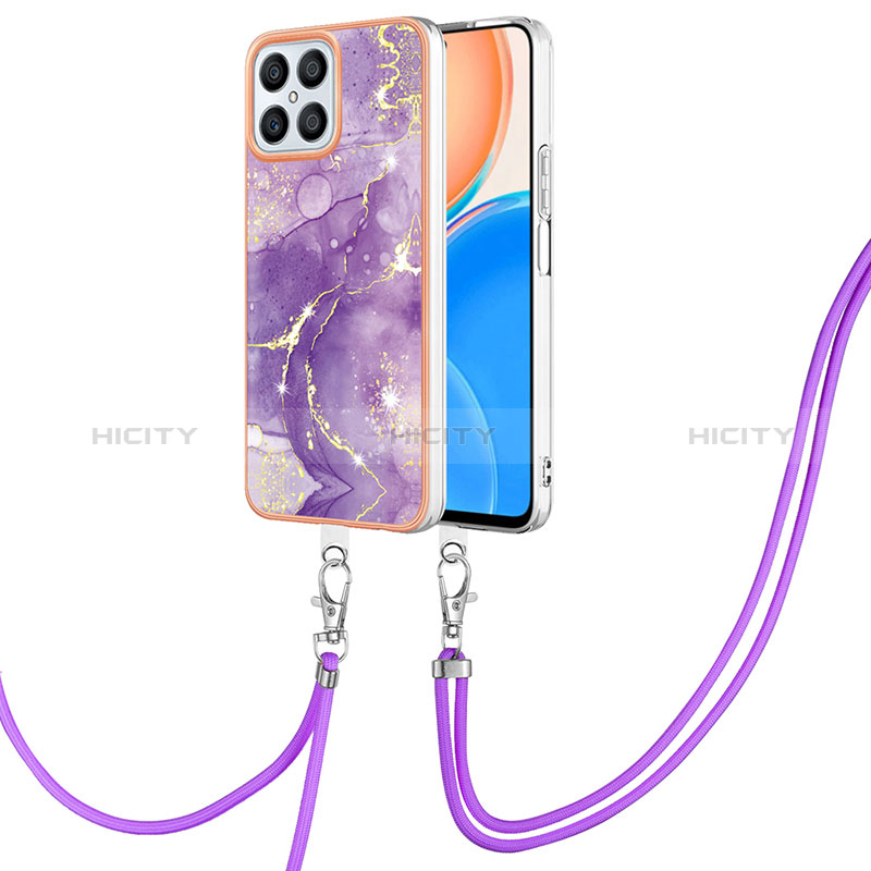 Custodia Silicone Gel Morbida Fantasia Modello Cover con Cinghia Cordino Mano Y05B per Huawei Honor X8 4G Viola