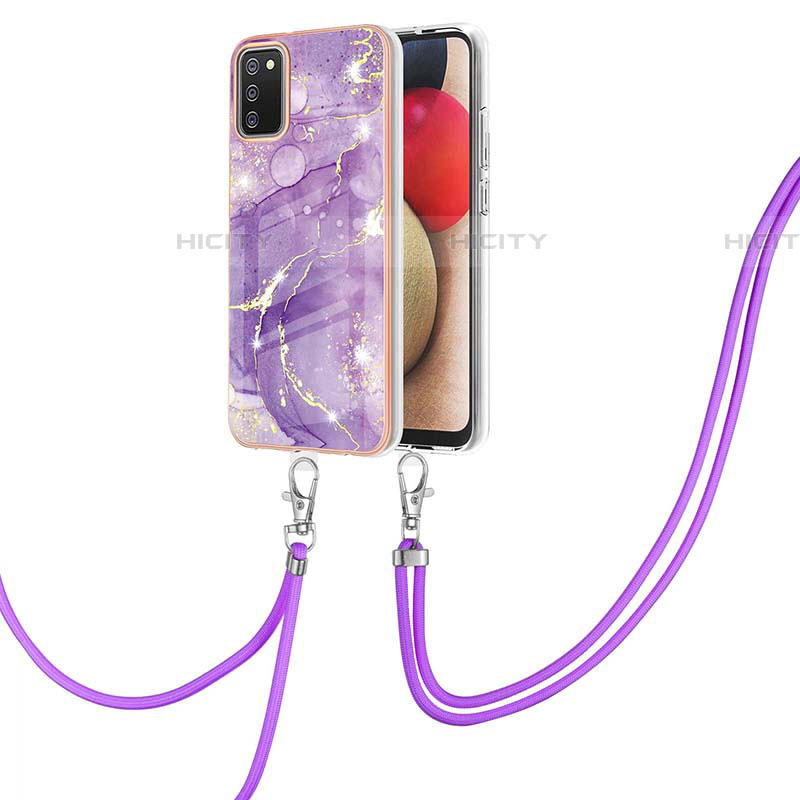 Custodia Silicone Gel Morbida Fantasia Modello Cover con Cinghia Cordino Mano Y05B per Samsung Galaxy A03s Viola