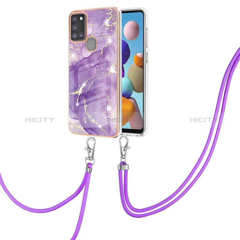 Custodia Silicone Gel Morbida Fantasia Modello Cover con Cinghia Cordino Mano Y05B per Samsung Galaxy A21s Viola