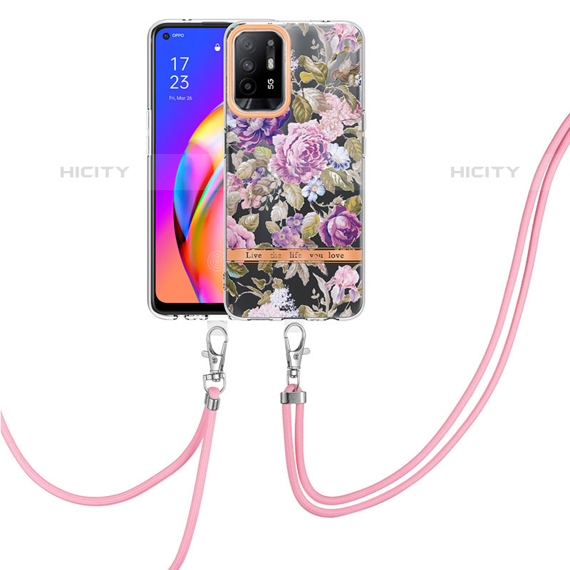 Custodia Silicone Gel Morbida Fantasia Modello Cover con Cinghia Cordino Mano Y06B per Oppo Reno5 Z 5G Lavanda