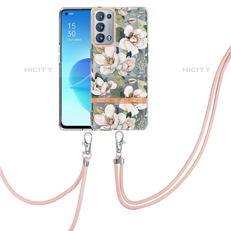 Custodia Silicone Gel Morbida Fantasia Modello Cover con Cinghia Cordino Mano Y06B per Oppo Reno6 Pro+ Plus 5G Bianco