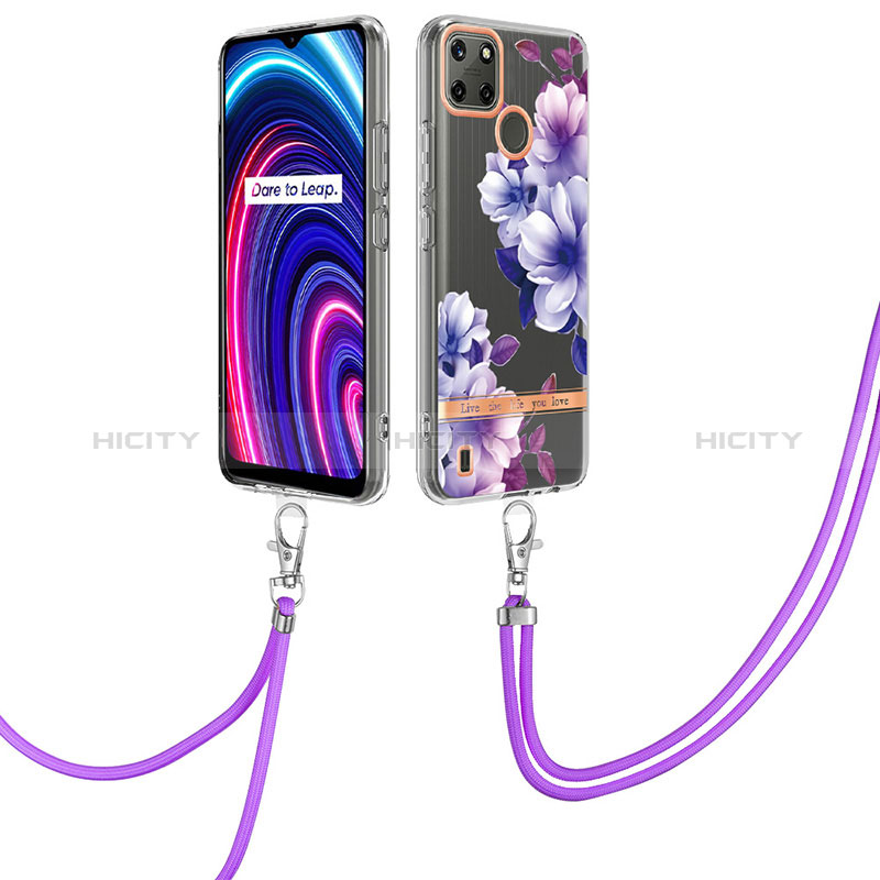 Custodia Silicone Gel Morbida Fantasia Modello Cover con Cinghia Cordino Mano Y06B per Realme C21Y Viola