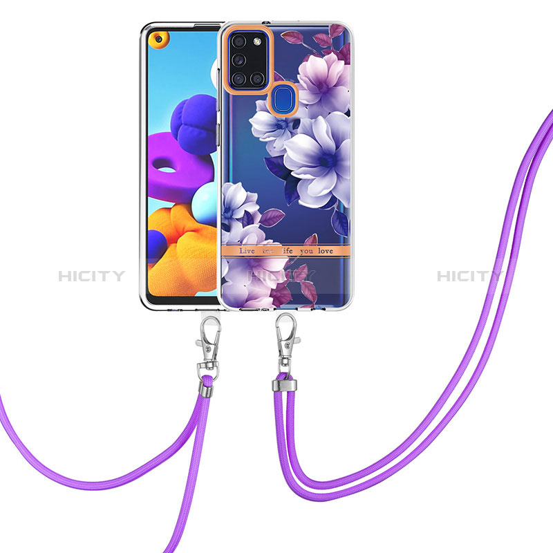 Custodia Silicone Gel Morbida Fantasia Modello Cover con Cinghia Cordino Mano Y06B per Samsung Galaxy A21s Viola